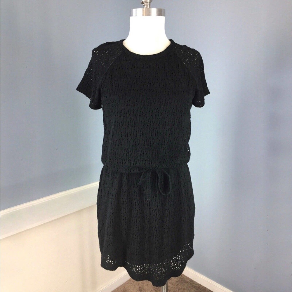 Lou & Grey Dress Womens MED Knit Casual Black Eyelet Short Sleeve Drop Tie Waist